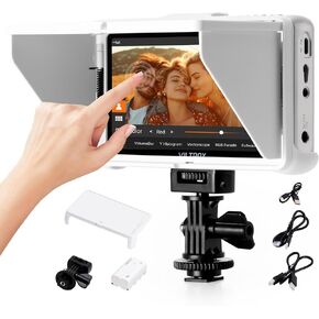 VILTROX DC-V1 شاشة لمس ميدانية للكاميرا مقاس 5.5 بوصة، شاشة DSLR مع شكل موجة LUT ثلاثي الأبعاد 400Nits 160 درجة زاوية رؤية واسعة 1920X1080 IPS 4K HDMI حلقة داخل/خارج مساعدة التركيز على ذروة الفيديو، غطاء بطارية/مظلة