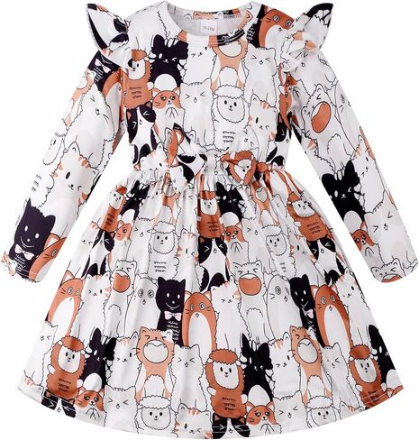 Girls Long Sleeve Dress - Ruffle Bowknot Toddler Party Dress Kids Fall Winter Clothes Cute Pattern Playwear Outfit in Saudi Arabia