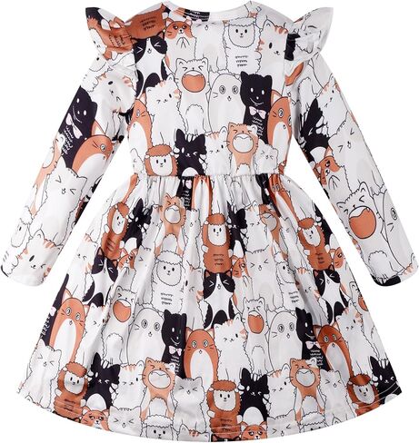 Girls Long Sleeve Dress - Ruffle Bowknot Toddler Party Dress Kids Fall Winter Clothes Cute Pattern Playwear Outfit in Saudi Arabia