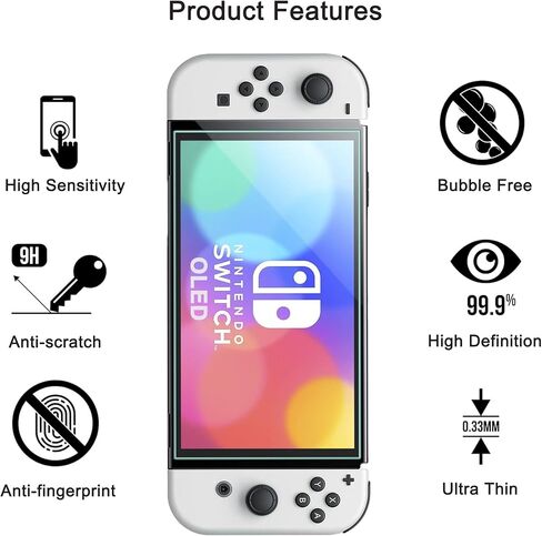واقي شاشة لجهاز Nintendo Switch OLED، قطعة واحدة من الزجاج المقسى مصمم لجهاز Nintendo Switch OLED، عالي الدقة، صلابة 9H، 0.33 مم، مضاد للخدش، خالي من الفقاعات، سهل التركيب in Saudi Arabia