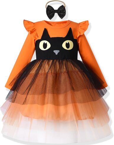 Toddler Little Girl Halloween Tulle Dress Ruffle Long Sleeve Pumpkin Princess Party Tutu Dress Fall Winter Outfits Clothes in Saudi Arabia