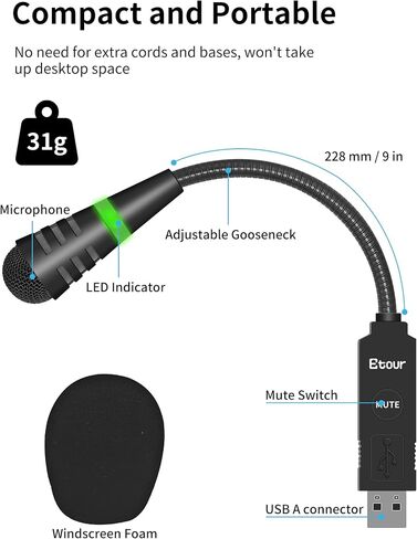 ميكروفون USB صغير معقوفة لأجهزة الكمبيوتر المحمول، ميكروفون كمبيوتر USB بمكثف قلبي صغير، زر كتم الصوت مع مؤشر LED لأجهزة الكمبيوتر الشخصية وأجهزة Mac، التوصيل والتشغيل عن بعد للعمل عبر الإنترنت/اجتماعات التكبير/التصغير in Saudi Arabia