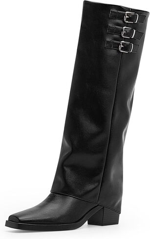 Women's Block High Heel Square Toe Buckle Strap Fold Over Knee High Boots in Saudi Arabia