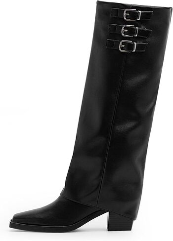 Women's Block High Heel Square Toe Buckle Strap Fold Over Knee High Boots in Saudi Arabia
