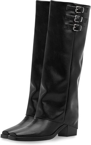 Women's Block High Heel Square Toe Buckle Strap Fold Over Knee High Boots in Saudi Arabia