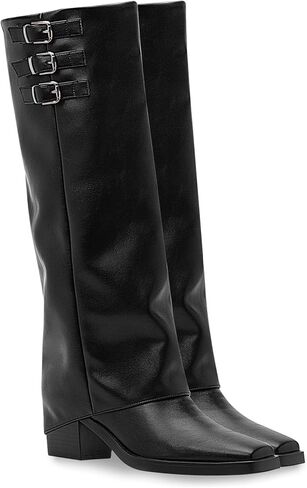 Women's Block High Heel Square Toe Buckle Strap Fold Over Knee High Boots in Saudi Arabia