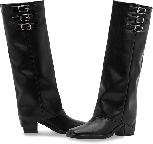 Women's Block High Heel Square Toe Buckle Strap Fold Over Knee High Boots in Saudi Arabia