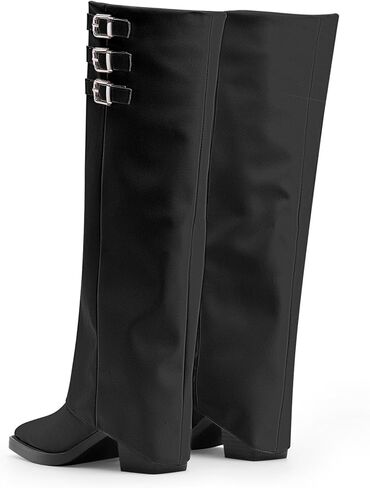 Women's Block High Heel Square Toe Buckle Strap Fold Over Knee High Boots in Saudi Arabia