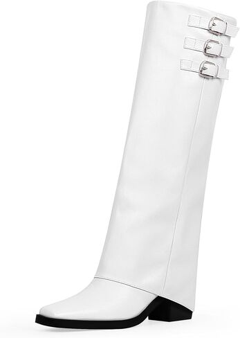 Women's Block High Heel Square Toe Buckle Strap Fold Over Knee High Boots in Saudi Arabia