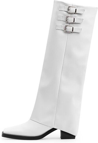 Women's Block High Heel Square Toe Buckle Strap Fold Over Knee High Boots in Saudi Arabia
