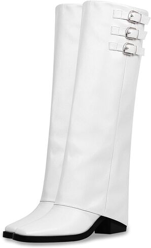 Women's Block High Heel Square Toe Buckle Strap Fold Over Knee High Boots in Saudi Arabia