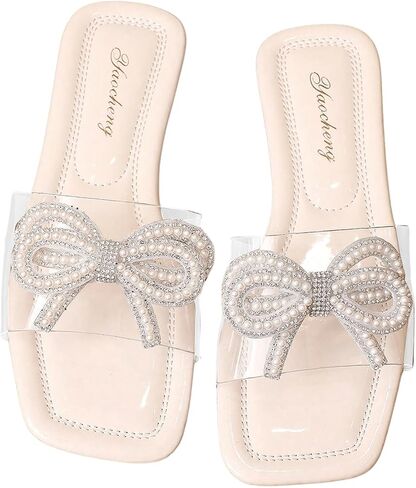 GORGLITTER Women's Rhinestone Pearls Bow Decor Flats Square Open Toe Transparent Single Band Slide Sandals in Saudi Arabia