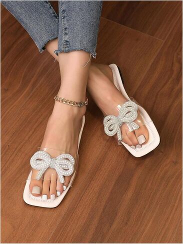 GORGLITTER Women's Rhinestone Pearls Bow Decor Flats Square Open Toe Transparent Single Band Slide Sandals in Saudi Arabia