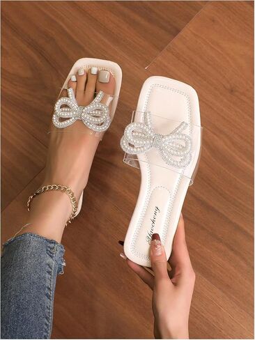 GORGLITTER Women's Rhinestone Pearls Bow Decor Flats Square Open Toe Transparent Single Band Slide Sandals in Saudi Arabia
