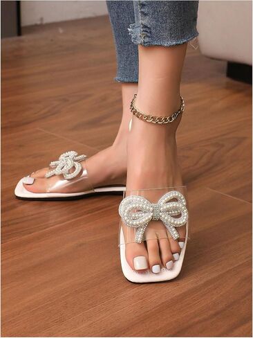 GORGLITTER Women's Rhinestone Pearls Bow Decor Flats Square Open Toe Transparent Single Band Slide Sandals in Saudi Arabia