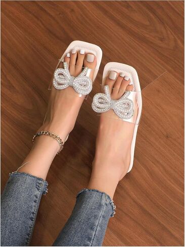 GORGLITTER Women's Rhinestone Pearls Bow Decor Flats Square Open Toe Transparent Single Band Slide Sandals in Saudi Arabia