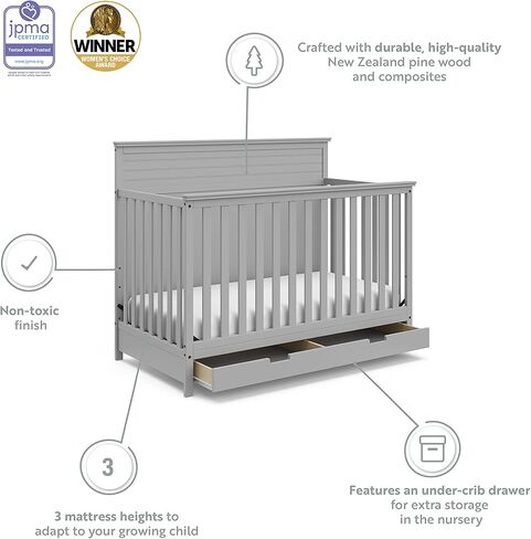 سرير أطفال STORKCRAFT Homestead 5 في 1 قابل للتحويل مع درج (رمادي بيبل) - معتمد من GREENGUARD الذهبي، سرير أطفال مع مجموعة أدراج، يتضمن درج تخزين الحضانة، يتحول إلى سرير طفل صغير وسرير كامل الحجم in Kuwait