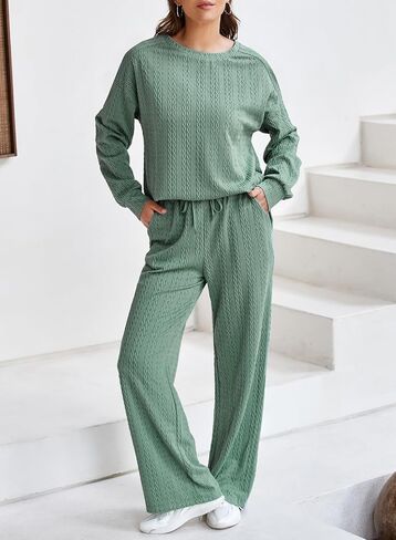 Dokotoo Women's 2 Piece Outfits Sweatshirt Lounge Sets Textured Long Sleeve Tops and Drawstring Pants Sweatsuit in Saudi Arabia