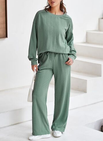 Dokotoo Women's 2 Piece Outfits Sweatshirt Lounge Sets Textured Long Sleeve Tops and Drawstring Pants Sweatsuit in Saudi Arabia