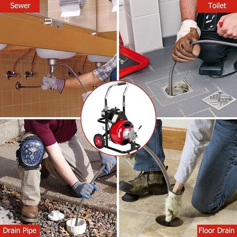 آلة تنظيف الصرف K-300K 75FT 1/2 بوصة، مثقاب تصريف كهربائي احترافي لأنابيب من 1 إلى 4 بوصة، ثعبان تصريف كهربائي محمول مع 4 قواطع ومفتاح للقدم in Kuwait