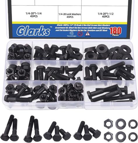 Glarks 180Pcs 1/4"-20 Grade 8 Hex Bolt Screws Nuts Washers Assortment Kit, Black Flat Hex Screws Bolts Nuts Lock Washers and Flat Gasket Washers Set for Car, Furniture and DIY Work in Saudi Arabia
