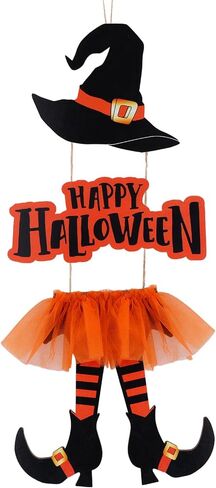 Halloween Sign Decoration, Witch Hat and Legs Wreath, Hanging Wooden Wall Decoration, Handmade Halloween Decor for Front Door Home Wall Porch Indoor Outdoor Decorations Halloween Thanksgiving Decor in Saudi Arabia