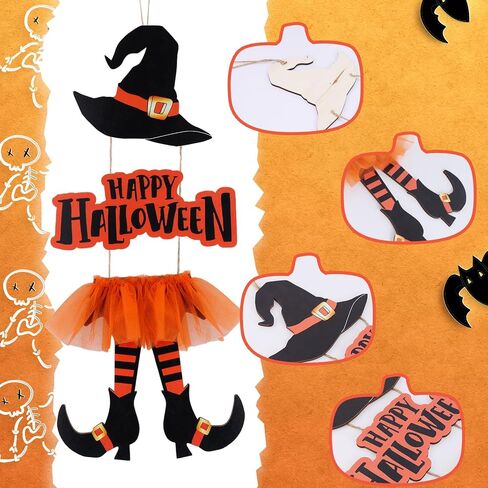 Halloween Sign Decoration, Witch Hat and Legs Wreath, Hanging Wooden Wall Decoration, Handmade Halloween Decor for Front Door Home Wall Porch Indoor Outdoor Decorations Halloween Thanksgiving Decor in Saudi Arabia
