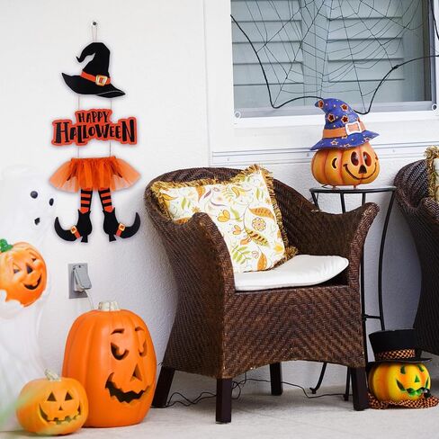 Halloween Sign Decoration, Witch Hat and Legs Wreath, Hanging Wooden Wall Decoration, Handmade Halloween Decor for Front Door Home Wall Porch Indoor Outdoor Decorations Halloween Thanksgiving Decor in Saudi Arabia