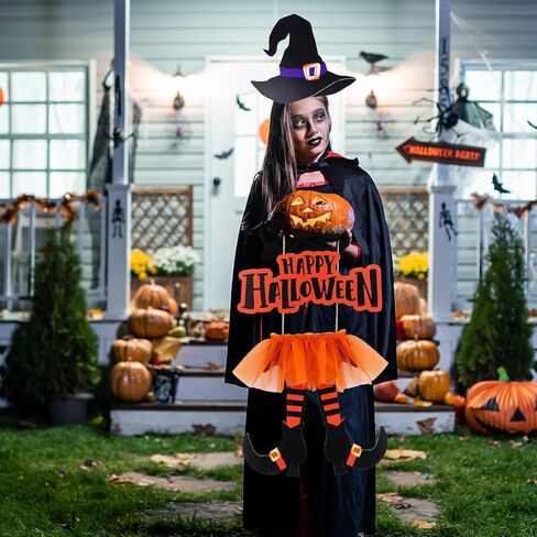 Halloween Sign Decoration, Witch Hat and Legs Wreath, Hanging Wooden Wall Decoration, Handmade Halloween Decor for Front Door Home Wall Porch Indoor Outdoor Decorations Halloween Thanksgiving Decor in Saudi Arabia