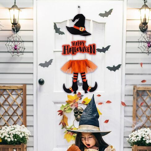 Halloween Sign Decoration, Witch Hat and Legs Wreath, Hanging Wooden Wall Decoration, Handmade Halloween Decor for Front Door Home Wall Porch Indoor Outdoor Decorations Halloween Thanksgiving Decor in Saudi Arabia