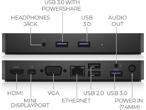 حزمة محطة الإرساء WD15 USB-C من Dell مع دعم الشاشة المزدوجة، ومحول طاقة 180 وات، وHDMI/VGA/MiniDP، وإيثرنت، ومنافذ USB متعددة (متجددة) in Saudi Arabia