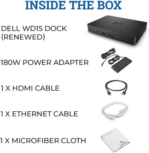 حزمة محطة الإرساء WD15 USB-C من Dell مع دعم الشاشة المزدوجة، ومحول طاقة 180 وات، وHDMI/VGA/MiniDP، وإيثرنت، ومنافذ USB متعددة (متجددة) in Saudi Arabia