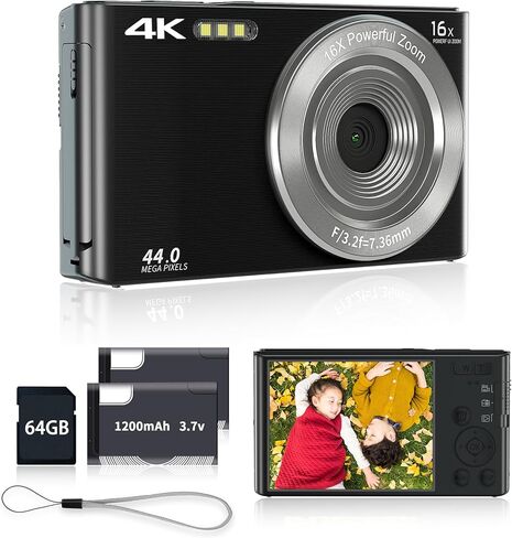 Digital Camera 4K for Teens with 16X Zoom auto Focus, Small Compact Portable Point and Shoot Boys/Girls Student Digital Camera with 64G SD Card, 2 Batteries(Black) in Saudi Arabia