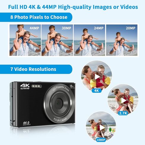 Digital Camera 4K for Teens with 16X Zoom auto Focus, Small Compact Portable Point and Shoot Boys/Girls Student Digital Camera with 64G SD Card, 2 Batteries(Black) in Saudi Arabia
