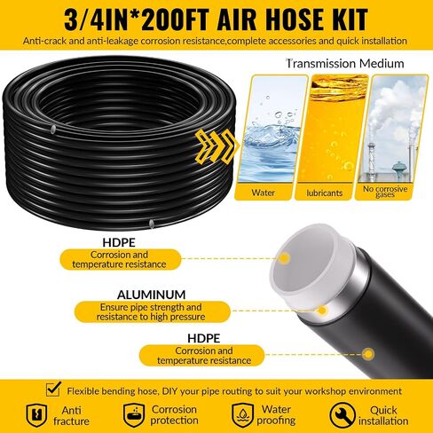 Compressed Air Piping System, 3/4 Inch x 200 FT Black HDPE Pipe,Aluminum Wall Outlet Blocks, Rapid Air Compressor System Accessories and Air Line Kit for Shop,Garage in Kuwait