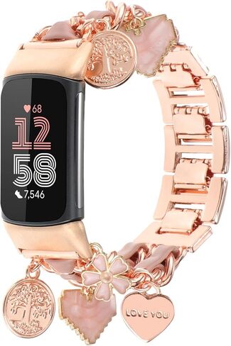 Stylish Metal Wristband Compatible with Fitbit Charge 6/Charge 5 Bands for Women,Cute Strap with Unique Love Cross Pendants Chain Charms Bracelet for Charge 5 6 Fitness Tracker in Saudi Arabia