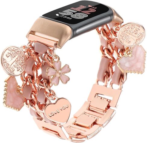 Stylish Metal Wristband Compatible with Fitbit Charge 6/Charge 5 Bands for Women,Cute Strap with Unique Love Cross Pendants Chain Charms Bracelet for Charge 5 6 Fitness Tracker in Saudi Arabia