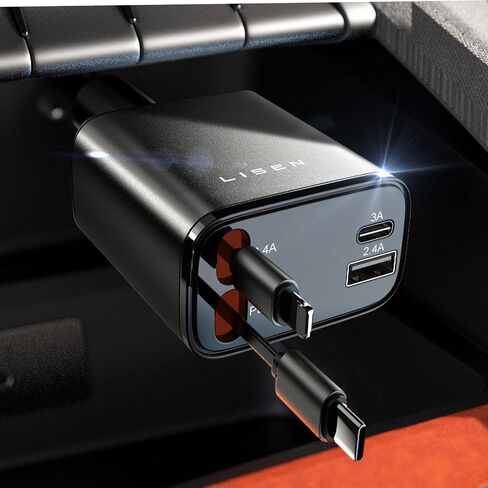 LISEN Retractable Car Charger [69W USB C Car Charger Adapter] iPhone 16 Car Charger Fast Charging, Fast Charging Car Charger, Type C Retractable Car Charger for iPhone 16 15 14 13 12, Samsung, Black in Saudi Arabia