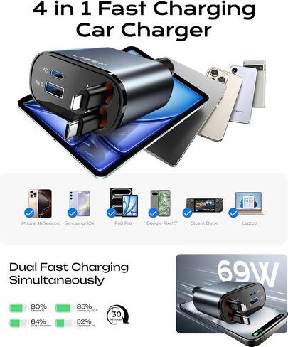 LISEN Retractable Car Charger [69W USB C Car Charger Adapter] iPhone 16 Car Charger Fast Charging, Fast Charging Car Charger, Type C Retractable Car Charger for iPhone 16 15 14 13 12, Samsung, Black in Saudi Arabia