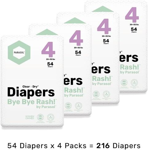 PARASOL Clear+Dry Disposable Diapers | RashShield Protection, Leakproof Design, Hypoallergenic Diaper Set | Size 4, (20-32 lbs) 216 Count in Saudi Arabia