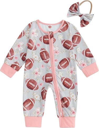 Ayalinggo baby girl football outfit long sleeve floral romper zipped jumpsuit newborn infant game day fall clothes in Saudi Arabia