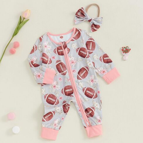 Ayalinggo baby girl football outfit long sleeve floral romper zipped jumpsuit newborn infant game day fall clothes in Saudi Arabia