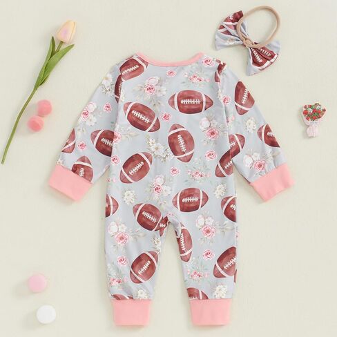 Ayalinggo baby girl football outfit long sleeve floral romper zipped jumpsuit newborn infant game day fall clothes in Saudi Arabia