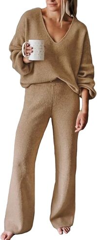 AOHITE Womens 2 Piece Outfits Casual V-neck Knit Pullover Sweater Wide Leg Pants Sleepwear Loungewear Set in Kuwait