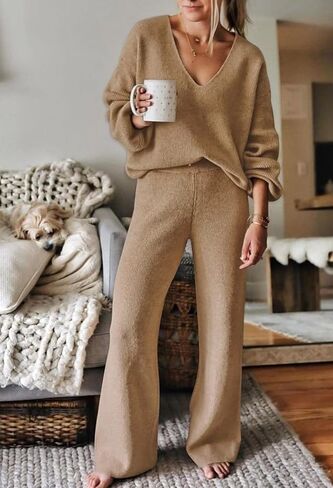 AOHITE Womens 2 Piece Outfits Casual V-neck Knit Pullover Sweater Wide Leg Pants Sleepwear Loungewear Set in Kuwait
