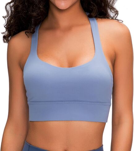 Lemedy Womens Padded Strappy Sports Bra Longline Criss Cross Yoga Bras Wirefree Workout Crop Tank Top in Kuwait
