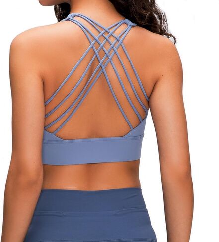 Lemedy Womens Padded Strappy Sports Bra Longline Criss Cross Yoga Bras Wirefree Workout Crop Tank Top in Kuwait