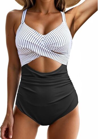 One Piece Swimsuit Women Tummy Control Bathing Suit for Women Cutout High Waisted Cross Stripes Swimsuits in Saudi Arabia
