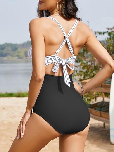 One Piece Swimsuit Women Tummy Control Bathing Suit for Women Cutout High Waisted Cross Stripes Swimsuits in Saudi Arabia