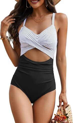 One Piece Swimsuit Women Tummy Control Bathing Suit for Women Cutout High Waisted Cross Stripes Swimsuits in Saudi Arabia